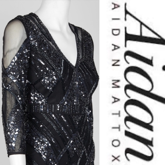 Aidan Mattox3/4 sleeve Bodycon illusion beaded mesh dress - Picture 2 of 5